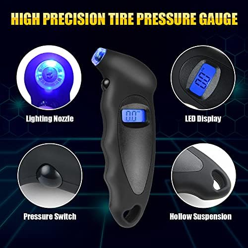 URAQT Tyre Pressure Gauge, 4 Ranges Digital Inflator Tyre with Tyre Tread Depth Gauge and 4 Pcs Valve Caps, Backlight LCD Display 150 PSI ABS Non-Slip Grip for Car, Truck, Bicycle, Motorcycles