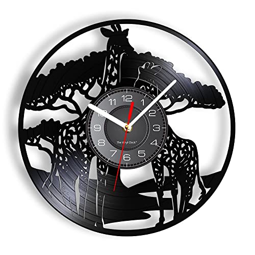 Smotly Horloge murale en vinyle avec fonction veilleuse LED, horloge murale girafe africaine, horloge murale cadeau pour la décoration de la maison (noir)