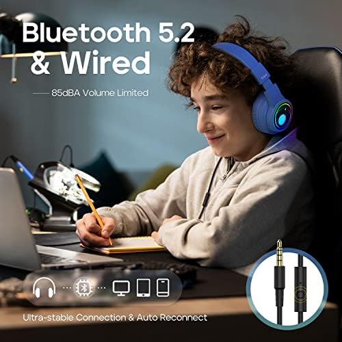 Tribit Kids Bluetooth Headphones with RGB Lights, Starlet02 Safe Sound Tech+ 85dBA Volume Limited, 54H Playtime & HiFi Stereo, Built-in Mic, Over Ear Kids Wireless Headphones for iPad/School/Tablet