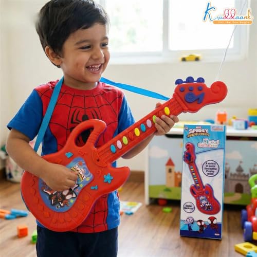 Image of Spiderman Musical Guitar for Toddlers - Junior Rockstar Sing-Along Karaoke Toy with Built-in Music & Lights, Educational Electronic Play Instrument| Birthday Gift for Kids 3+ Years, Blue