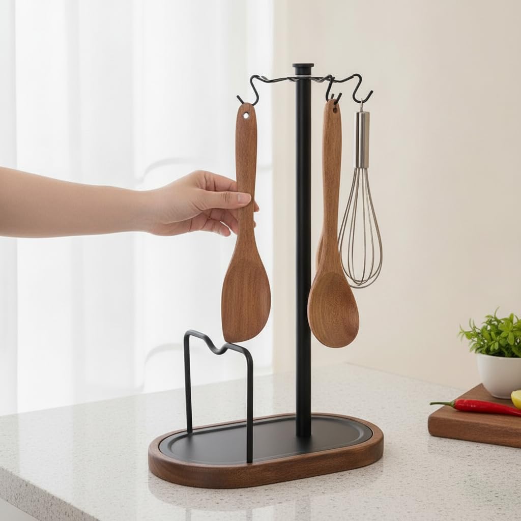 Porte Planches à Découper en Noyer avec Support pour Couvercles et Plaques Pâtisserie pour Travail Propre et Fonctionnel, Support de spatule rotatif en noyer WYL - Noir