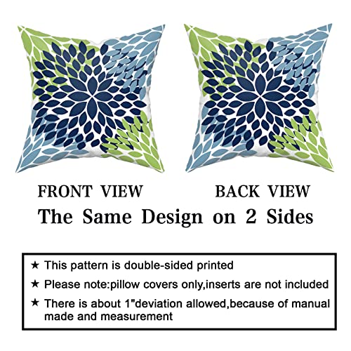 Navy Blue Green Pillow Covers 18X18 Light Blue Dahlias Flowers Modern Farmhouse Rustic Decorative Cotton Couch Pillow Cases With Zipper Set Of 2 Home Decor For Living Room Bedroom Bed Cushion Outdoor #TOP3