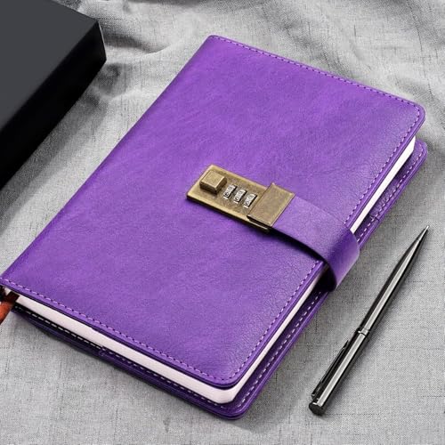Image of Diary with Lock, A5 PU Leather Journal with lock, 240 Pages, Vintage Lock Journal with Pen & Gift Box, Lockable Diary for Women and Men, 8.6 x 5.8 Inches (Perple)