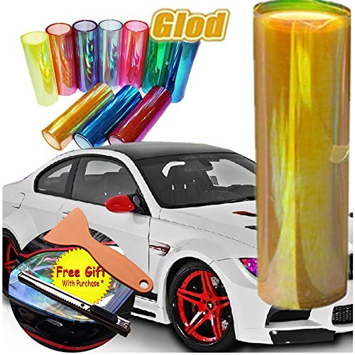 DIYAH 12 X 48 inches Self Adhesive Shiny Chameleon Headlights Tail Lights Fog Lights Films,Film Sheet Sticker,Tint Vinyl Film with Gift Knife and Hand Tool (Golden)