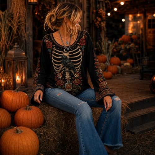 Womens Halloween Shirts Vintage Skeleton Crew Neck Bell Sleeve Shirt - image 3