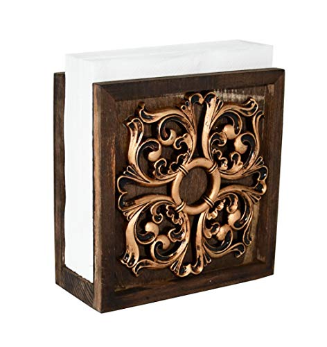 OwlGift Vintage Wooden Napkin Holder, Paper Napkin Storage Organizer For Tables, Kitchen Napkin Dispenser, Bar Accessories, Restaurant Décor – Brown/Golden Carving