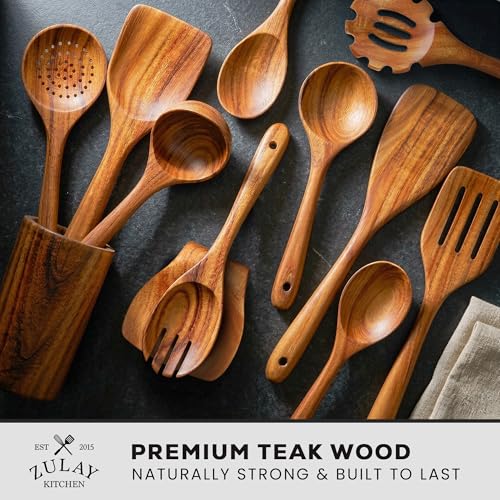 Image of Zulay Kitchen 12-Piece Teak Wooden Utensils for Cooking - Natural Teak Utensil Set with Premium Gift Box - Non-Stick Wooden Spoons for Cooking - Kitchen Gift Set - Comfortable Grip Wooden Utensil Set