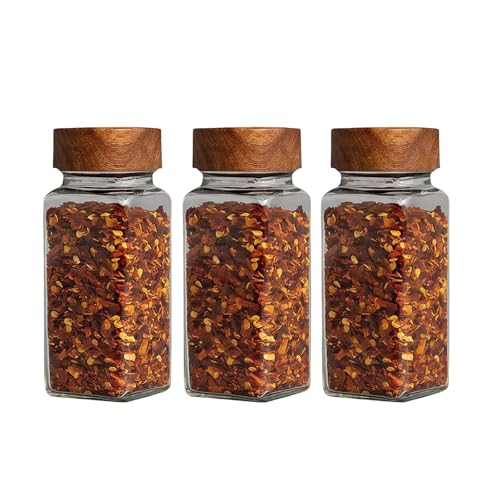 Imagen de 3 tarros de especias de vidrio de 120 ml con tapas de tamizado y tapas de madera