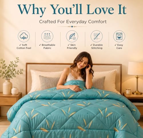 Image of HOMEKART 220 GSM Reversible Microfiber AC Comforter /Duvets for Mild Winter | All Season King Size 3 Layered Quilted Blanket for Double Bed (220 cm x 240 cm,Green