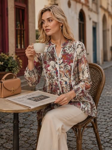 Image of Amazon Brand - INKAST Women Floral Regular Fit Tops | Blouse | Elasticated Cuffs | Shirt