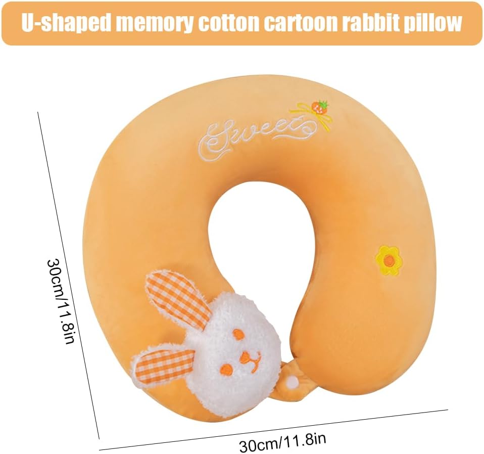Durdiiy Kids Comfort Memory Foam Travel Pillow Airplane Neck Pillow Soft U-Shaped Pillow with Cute Plush Animals Head Rest Neck Support Cushion for Home Office Camping Travelling Sleeping (Orange)