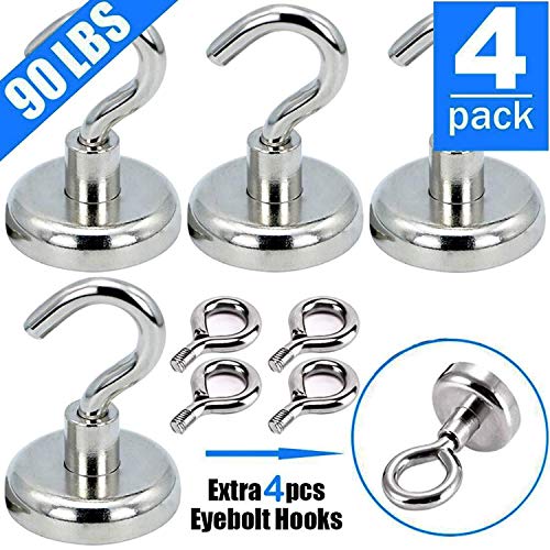 90LBS Premium Magnetic Hooks Extra 4 Eyebolt Hooks - Heavy Duty Magnetic Hooks