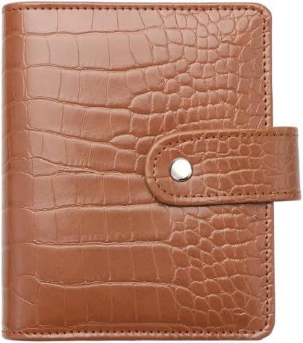 Carpeta de presupuesto de cocodrilo A7, carpeta planificadora de cuero marrón, carpeta de 6 anillos con cierre a presión, sistema de sobres de