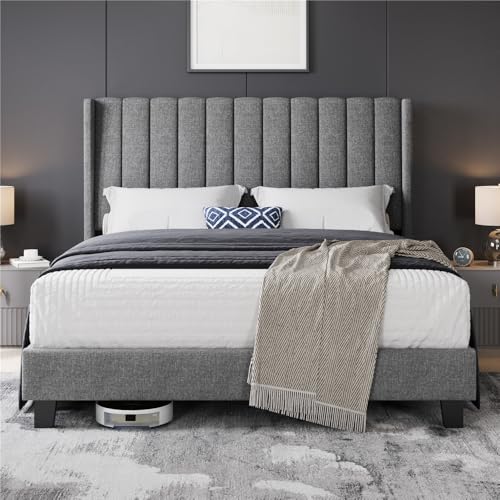 Yaheetech Lit Double 140x200 cm avec Sommier Lit Coffre avec Tête Cadre de Lits Capitonné Lits 2 Personnes pour Adultes Style Moderne Gris Clair