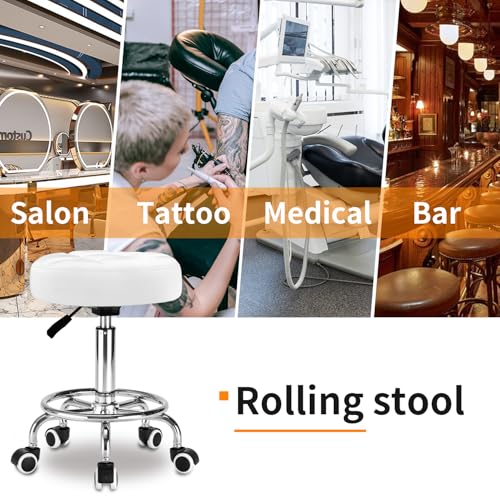 Image of Rolling Stool PU Leather Round - Ultra Soft Padded Seat Cushion Stool with Wheels with Footrest, Weight Capacity 300lb,Adjustable Height Stool for Tattoo Massage Salon Medical Spa Center (White)