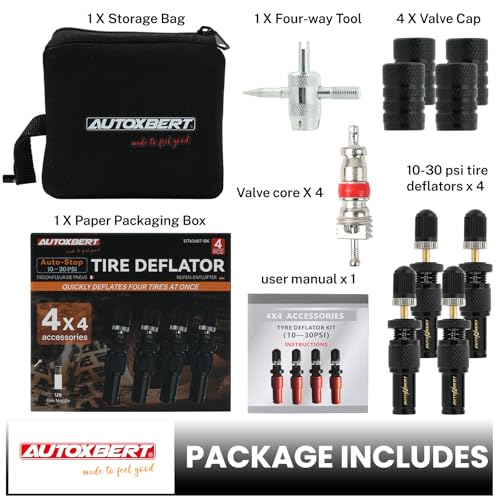 Image of Adjustable Auto-Stop (10-30 PSI) Tire Air Down Deflator Valve Kit,Includes Valve Caps & Storage Bag,4-in-1 Valve Tool Compatible with Car, Truck, Jeep, SUV, ATV(Black)