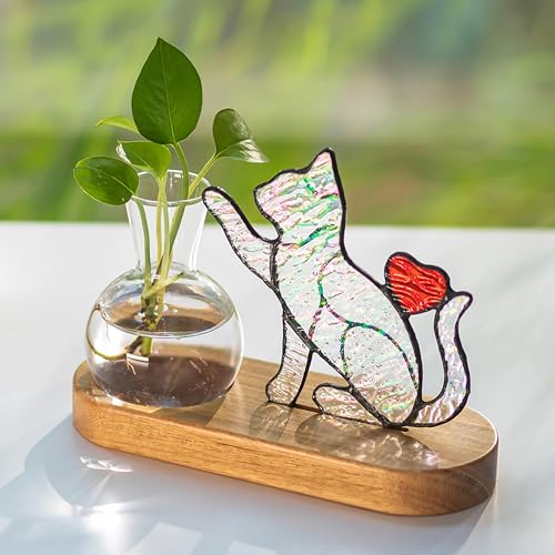 Hewory Handmade Cat Propagation Stations: Iridescent Stained Glass Cat Planter Pot with Wooden Stand for Desktop Decor for Plant Lovers Women