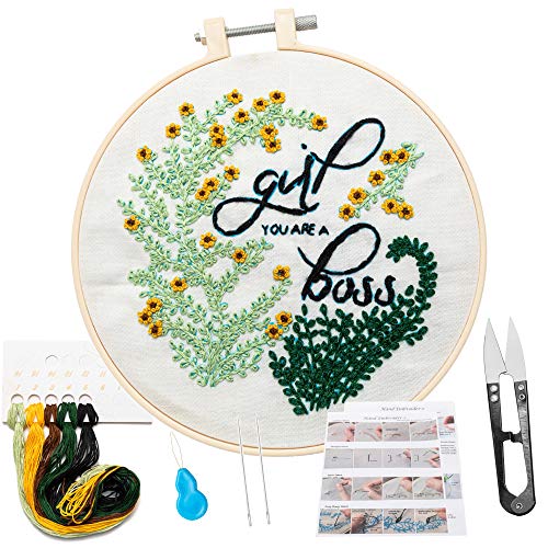 Khalee Full Set of Hand-Made Embroidery Starter Kit, Cross Stitch Kits for Beginners Including Patterned Embroidery Cloth, Plastic Hoop,Color Floss,Tools Kit(Girl Boss, 6 Inches in Diameter)