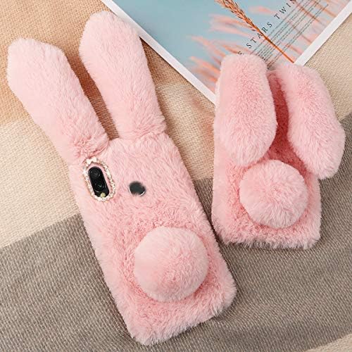 Mikikit Pink Plush Bunny Furry Phone Case for Samsung Galaxy A20e, Cute Stuffed Animal Plush Fluffy Case for girls gift, Soft cozy faux rabbit fur protective Cover for Galaxy A20e