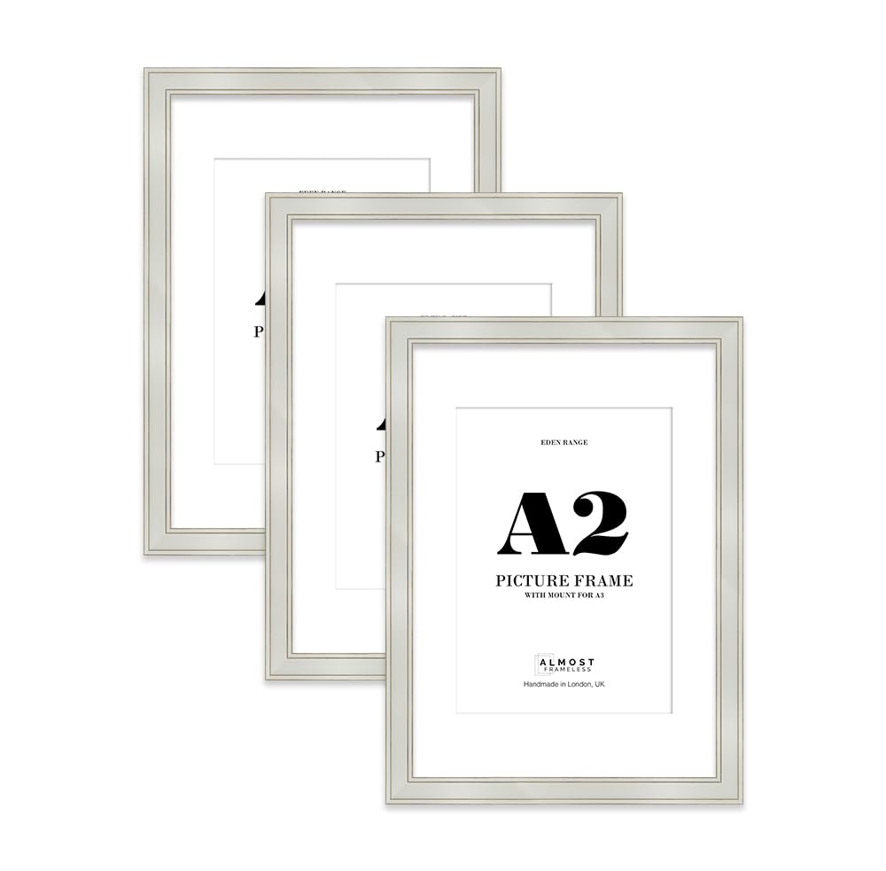 A2 Light Grey Picture Frame with A3 Mount - Shabby Chic Photo Frame with Distressed Finish, Gold Trim, Wall Hooks, 37mm Edge - 3 Pack