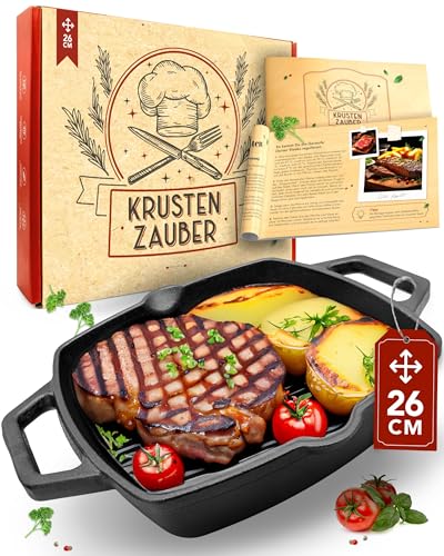 KRUSTENZAUBER 26cm Grillpfanne Induktion Doppelgriff - Geriffelte Gusseisenpfanne Induktion - Ideale Gusseisen Pfanne, Eisenpfanne, Cast Iron Pan, Bratpfanne, Gusseiserne Pfanne Skillet Gusspfanne