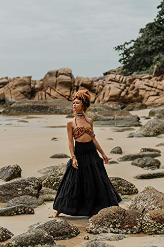 Thaluta Maxi Boho Skirt Long Pockets Cotton Hippie Bohemian Elastic Waist Gypsy Skirt (Black) #TOP3