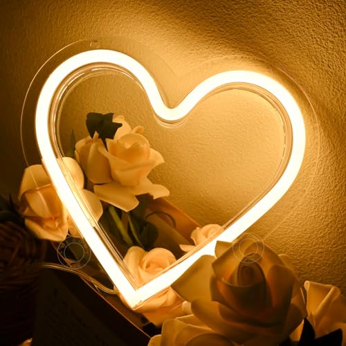 Image of SYLHOME Heart Led Neon Light Sign Battery Operated or USB Powered Bedroom Wedding Wall Sign Decor Valentines Day Christmas Birthday Gifts USB 7.87 inch X 7.28 inch Warm White