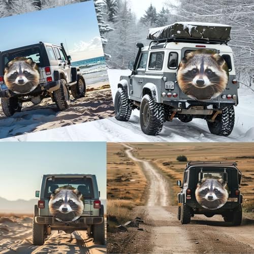 Image of Cute Raccoon Spare Tire Cover for Rv Trailer Camper Truck SUV - Cute Raccoon Animal Wheel Protectors Cover Waterproof Fabric for Travel Camping Outdoor,Universal Fit,16 inch