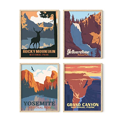Haus and Hues Yosemite Wall Art - Set of 4 National Parks Gifts, Vintage National Park Posters Set, Grand Canyon Art Framed, National Park Framed, Mountain Wall Art, Mountain Posters for Walls (11x14, Framed Beige)