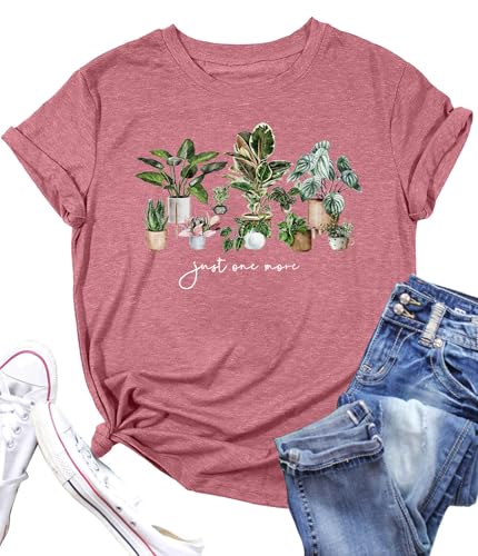 Just One More Plant Shirt Women Gardening T Shirts Plant Lover Gift Plant Mom Tops Tee(Pink3, Small)