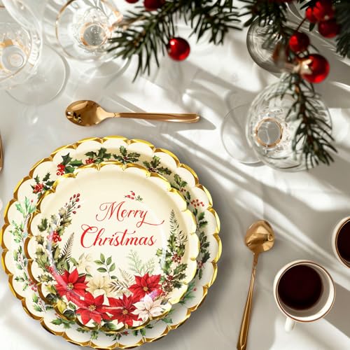 ceiba tree Christmas Paper Plates 48Pcs Vintage Holly Happy Holidays Disposable Dinner and Dessert Plates 9inch and 7inch Merry Christmas Party Supplies Poinsettia Dinnerware Set for 24 Guests – Image 6