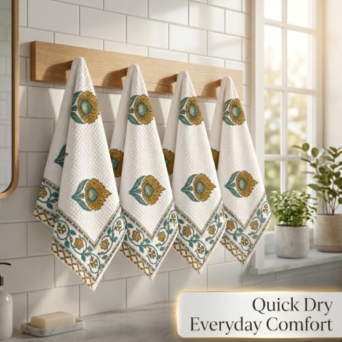 Image of Mafatlal Madhuban 250 GSM Textured Hand Towel Combo | Set of 4 | 76 x 38 cm Each | Waffle Weave | Bathing, Body Scrubbing, Cleansing & Gifting | Sage Green