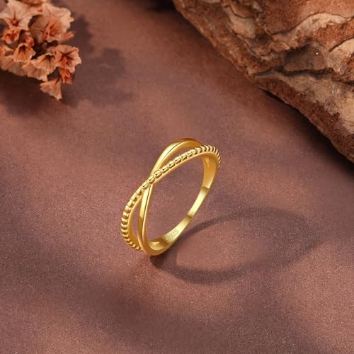 Stackable 14K Gold Plated Criss Cross X Ring Dainty Sterling Silver X Ring for Women Minimalistic Wedding Bands Ring Statement Rings Jewelry Birthday Prom Gifts for Mom Wife 5