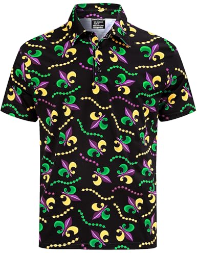 Men's Shirt Purple Gold Green Fleur De Lis Beads Golf Polo, Beaded Fleur De Lis-Black, Large