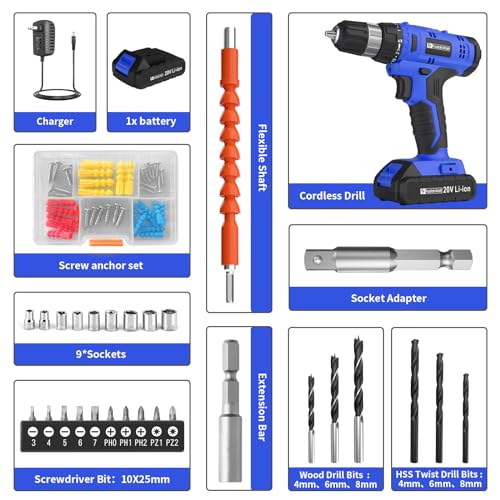 Image of FADAKWALT Cordless Drill Set, 20V Electric Power Drill with Battery And Charger, Torque 30N, 21+1 Torque Setting, 3 /8-Inch Keyless Chuck, LED Work Light, Complete Drill & Driver Bits Kit（blue)