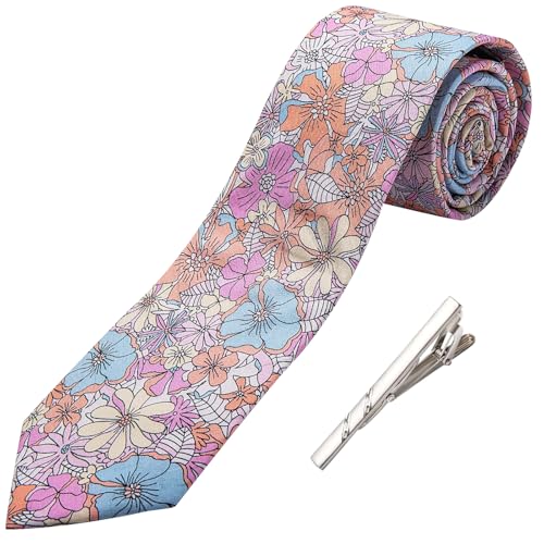 Image of Barry.Wang 100% Cotton Floral Ties for Men 63 inch Extra Long Necktie Clip | Fashion Cotton Printed Neckties,Wildflower 2.76 inch Ties Skinny,Gift Box,Groomsmen Wedding Engagement Graduation