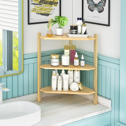 Wisuce 3 Tier Corner Shelf, 100% Real Bamboo Shower Corner Shelves Free Standing Shelf Storage Organizer For Bathroom Living Room Kitchen thumb #1
