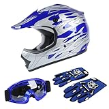 TCT-MOTORPARTS DOT Youth Kids Four Wheeler Riding Helmet Motocross ATV Helmets Offroad Street Dirt Bike Go-Kart BMX MX Full Face Helmet Blue Flame Large Size