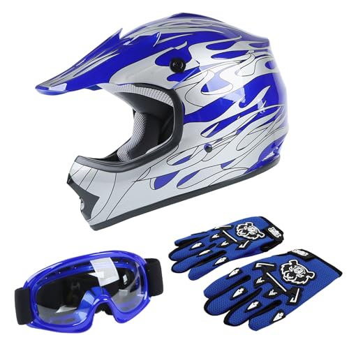 TCT-MOTORPARTS DOT Youth Kids Four Wheeler Riding Helmet Motocross ATV Helmets Offroad Street Dirt Bike Go-Kart BMX MX Full Face Helmet Blue Flame Large Size