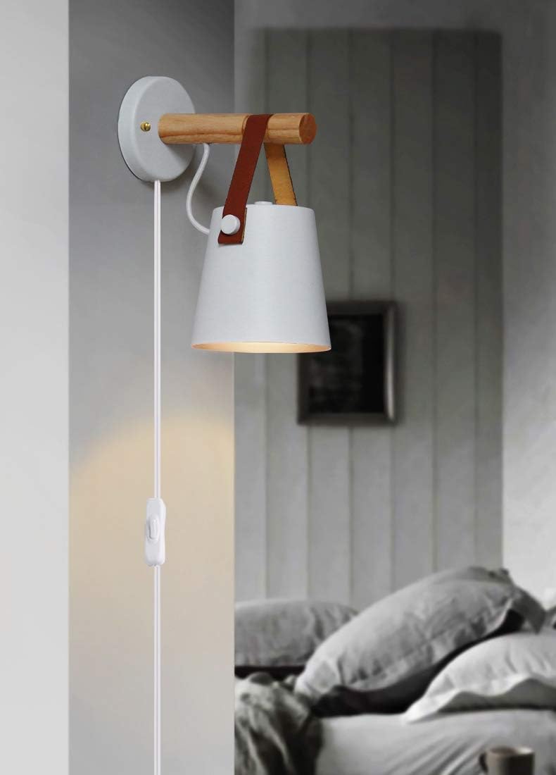 Kiven Iron Art Belt Wall Lamp UL Certification Plug-in Button Cord Lighting Round Bucket Loft Style Wall Lamp for Bathroom Dining Room Cafe Bulbs Not Included (White)