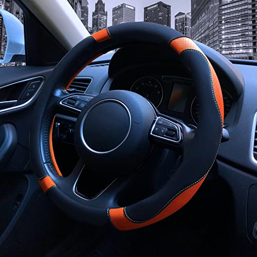 Binsheo Leather Steering Wheel Cover, Breathable, Anti Slip & Odor Free, Black And Orange #TOP2