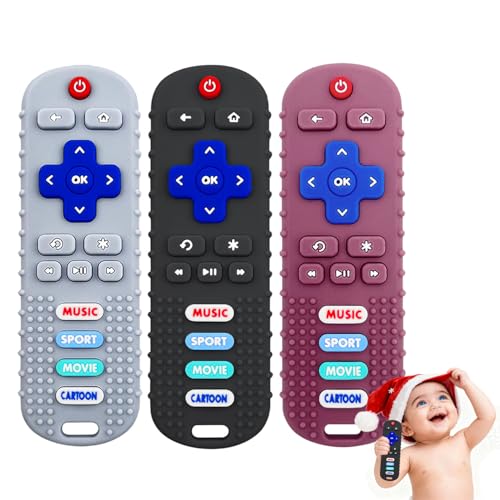Image of MACLUD 3 Pack Baby Teether Toys - TV Remote Control Shape Silicone Toddler Teething Toys for Babies 6-12 Months (Black&Deep Red&Beige)