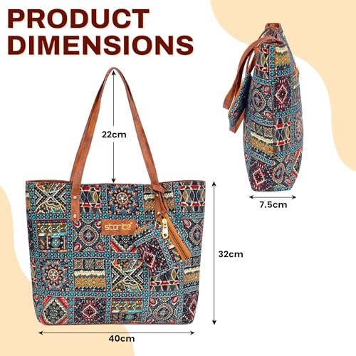 Image of Storite Women's Tote Bag With Leather Handles & Embroidery Printed Handbag With Zip Pockets, Shoulder Tote Bag And Handbag For Office And College (40X32X7.5Cm)