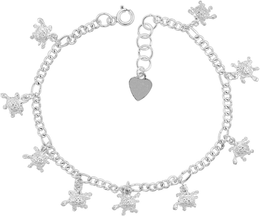 Sterling Silver Dangling Turtles Anklet for Women 12mm drops fits 9-10 inch ankles