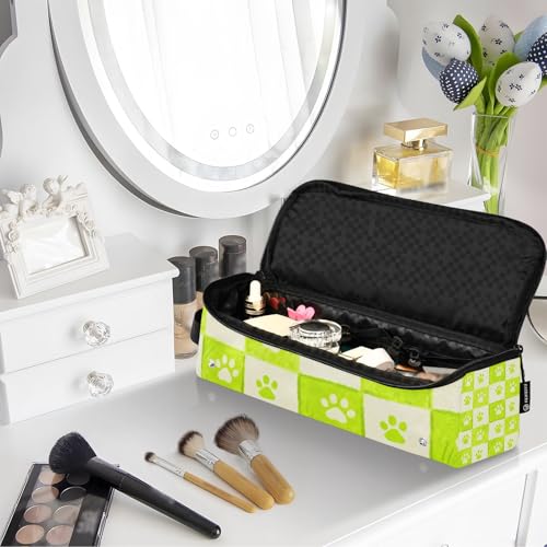 Estuche de viaje para herramientas de cabello Hot Hair Tools con tapete resistente al calor, doble capa, para planchas, rizadores y secadores, Beige y verde neón con estampado de patas de perro miniatura 7