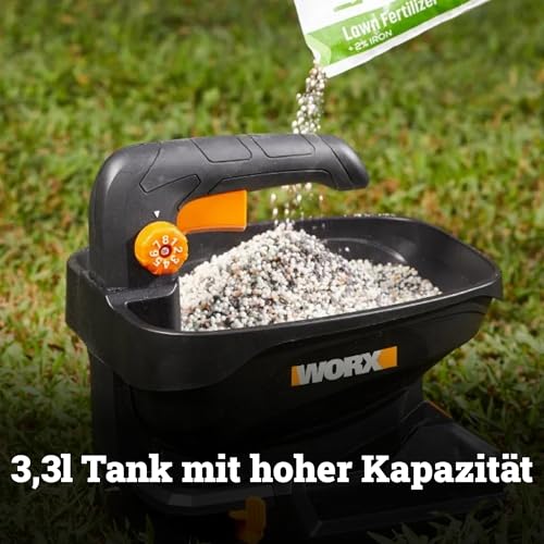 WORX WG869E.9 Universal Akku Streuer 20V, 5 m Streubreite, 3,3 L Tank, bis 550 m² Reichweite pro Füllung, einstellbare Streumenge, für Dünger & Streusalz, ohne Akku & Ladegerät