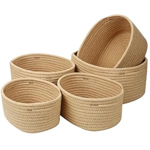 5er Set Baumwollseil Aufbewahrungskorb,Körbchen Wickeltisch Organizer Korb Aufbewahrung,Storage Basket für Bad Badezimmer Kinderzimmer Wickeltisch(Jute)