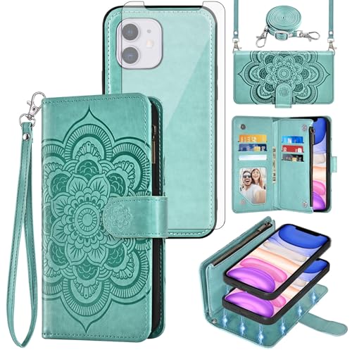 Coque iPhone 11 antichoc portefeuille zippé avec verre trempé pour éviter les bris d'écran
