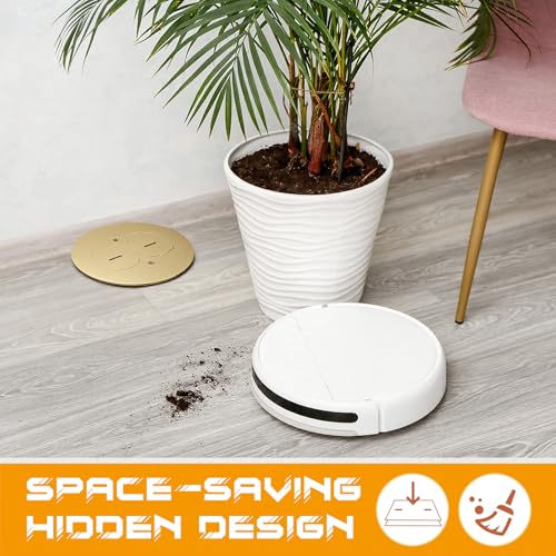Image of Round Brass Recessed Floor Outlet Box, UL Listed Low Profile Hidden Dual Flip-up Floor Outlet, 20A Tamper Resistant Duplex Receptacles for Living Room, Home Office, Conference Room
