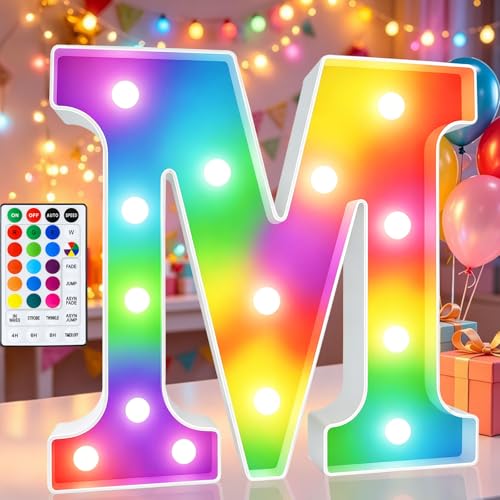 Image of LED Marquee Letter Lights, 18 Colors Changing Light Up Letters with Remote, RGB Alphabet Letters Sign for Girls Boys Gift Birthday Party Night Light Bedroom Wedding Christmas Decor-Colorful M